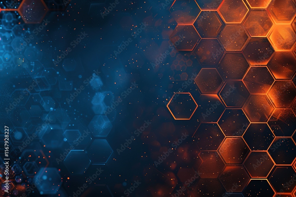 Poster abstract hexagon pattern background. glowing blue and orange hexagons create a dynamic, futuristic b