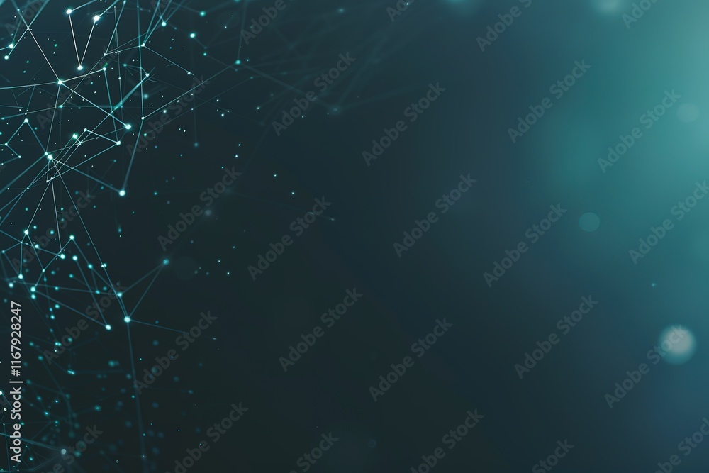 Poster abstract network connection visualization. dark teal background with glowing nodes and lines.