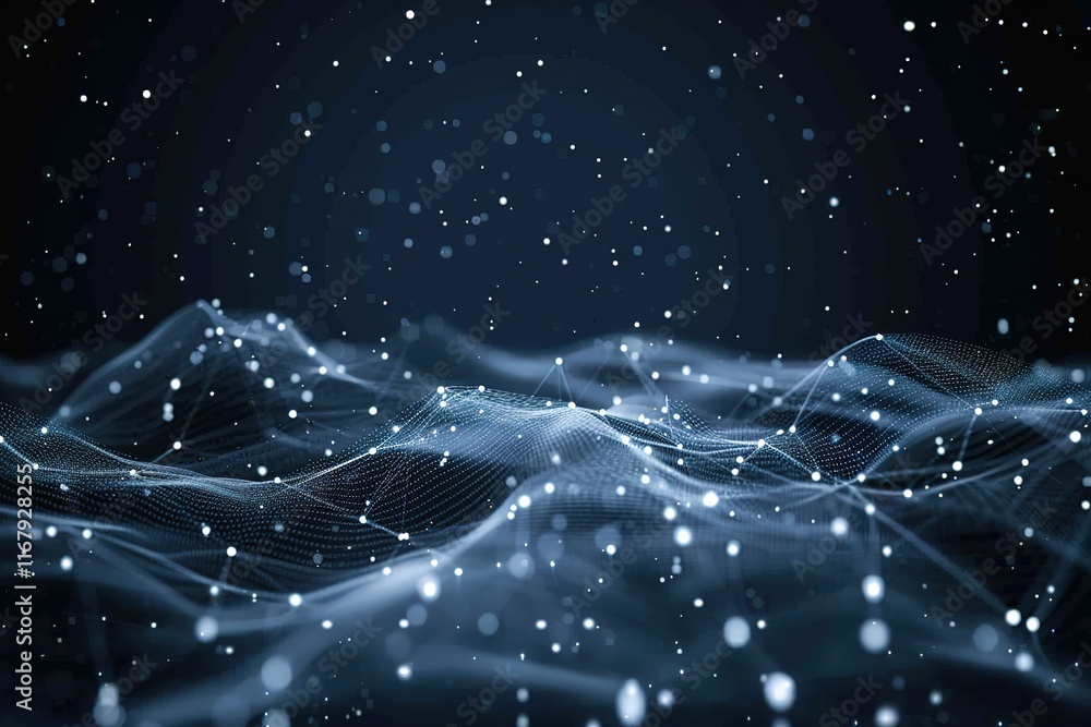 Poster abstract digital landscape with glowing particles and interconnected nodes forming a wave-like patte