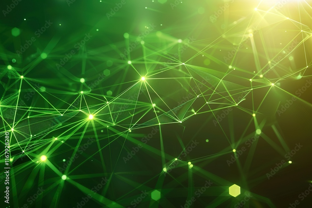 Poster abstract green network connection, glowing nodes and lines. digital technology background.