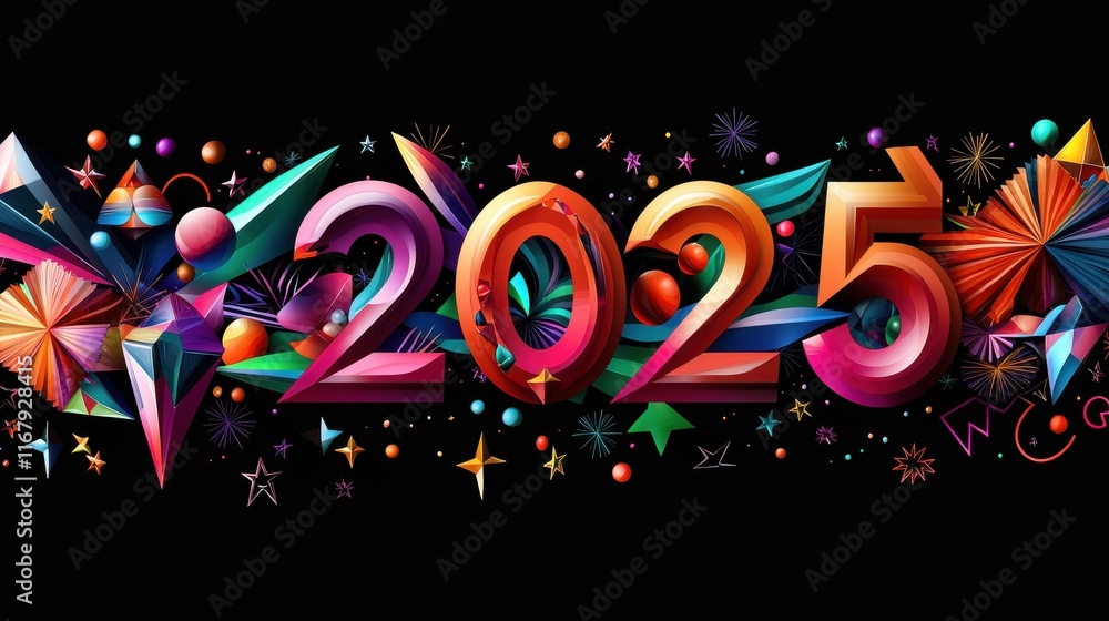 Poster vibrant typography 2025 artwork with geometric patterns and bold design elements in colorful style