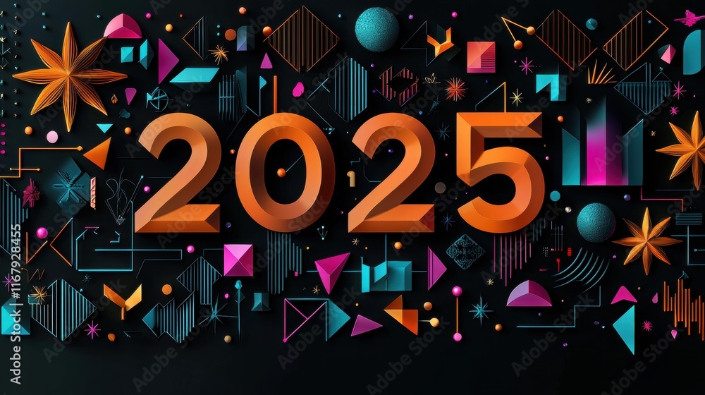 Poster bold geometric typography with vibrant patterns for year 2025 in dynamic colors and shapes