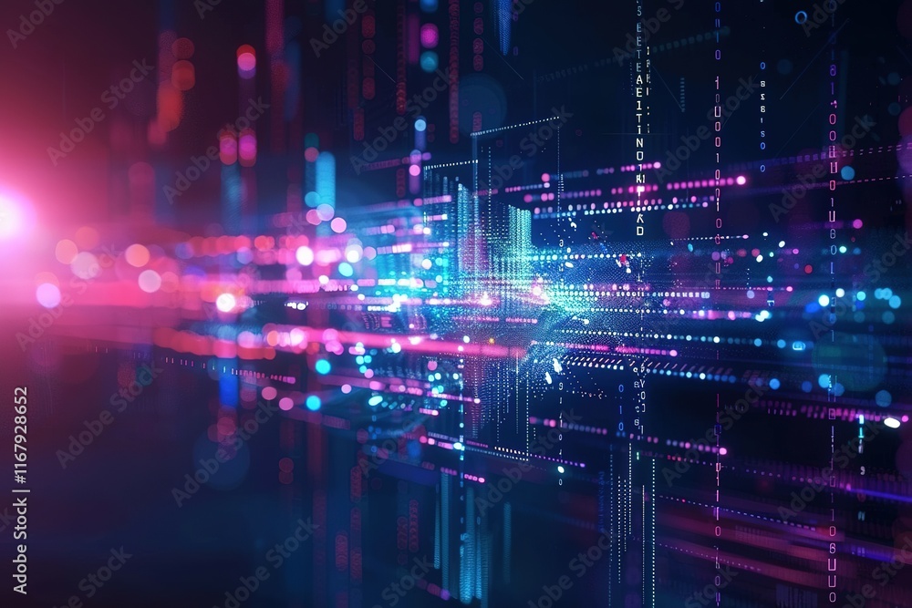 Poster abstract digital data stream, glowing particles and binary code. futuristic technology background.