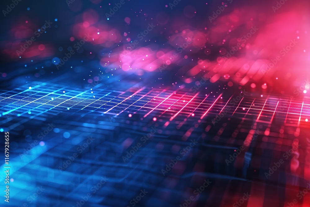 Aufkleber abstract digital grid with glowing red and blue lines, bokeh effect.