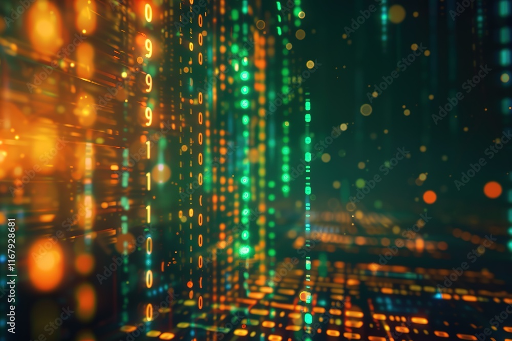 Poster abstract digital data stream visualization. binary code flows in vibrant colors, creating a dynamic 
