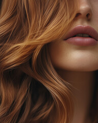 Close-up of woman's voluminous bright bronze hairstyle with partially hidden face