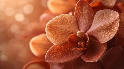 Closeup of a vibrant orange orchid flower with delicate petals blooming and glistening with dew droplets in warm soft lighting  The flower s rich color intricate texture