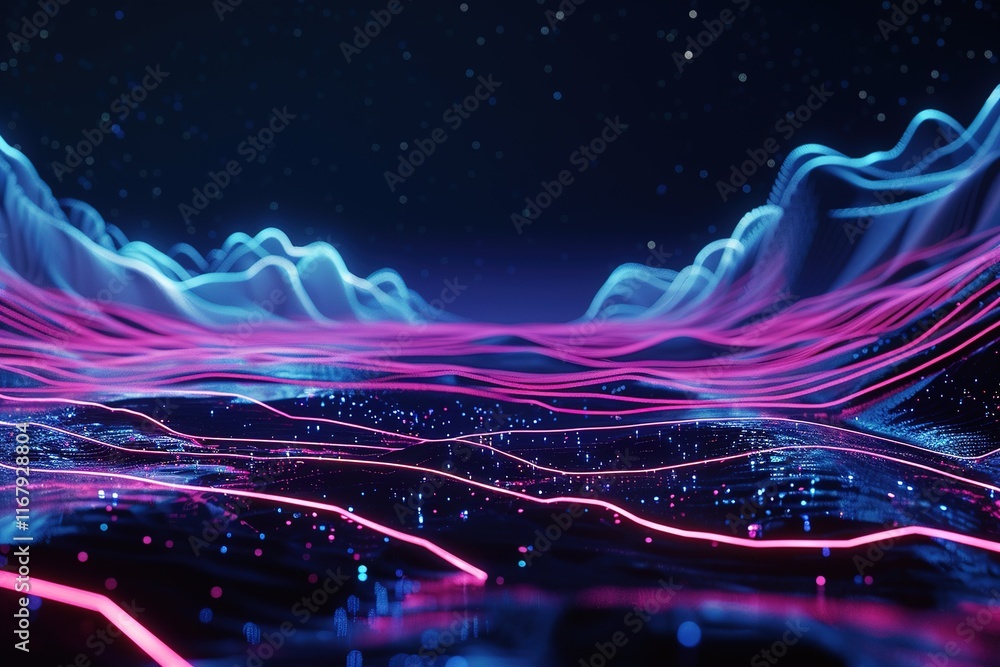Poster abstract digital landscape with glowing lines and particles.