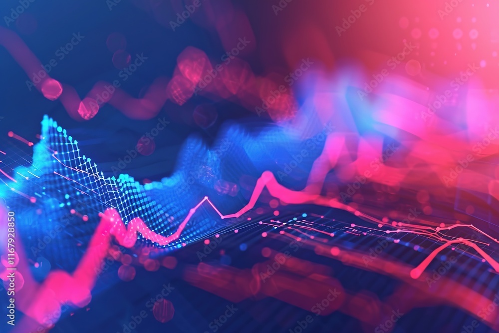 Poster abstract data visualization with vibrant pink and blue lines forming dynamic waveforms. represents g