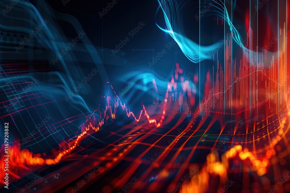 Poster abstract financial data visualization. dynamic charts and graphs illustrating market trends and fluc