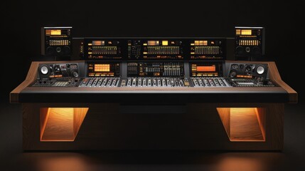 48.A professional image of a boutique recording studio control desk, showing multiple high-end audio mixing equipment and soundboards. The desk has sleek, modern controls and monitors, with soft