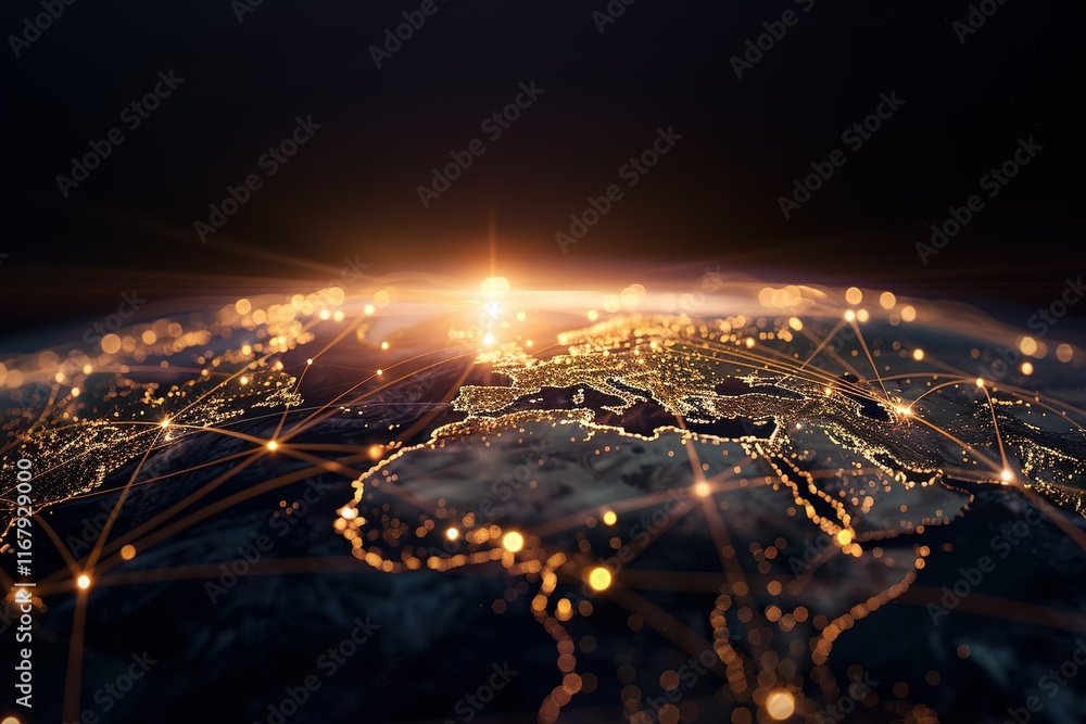 Poster global network connections illuminating the earth at night. a visualization of worldwide communicati