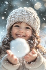 Happy child playing with snow outdoors in winter, smiling while throwing a snowball