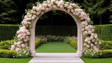 Elegant floral archway in lush garden setting for romantic wedding ceremonies