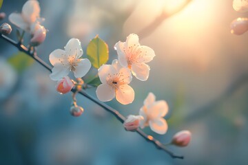Sprouts, cherry blossoms, and scenery that signals spring. Generative AI

