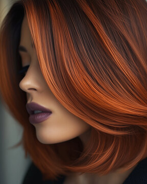 Close-up of copper straight bob-cut hairstyle with partially hidden face