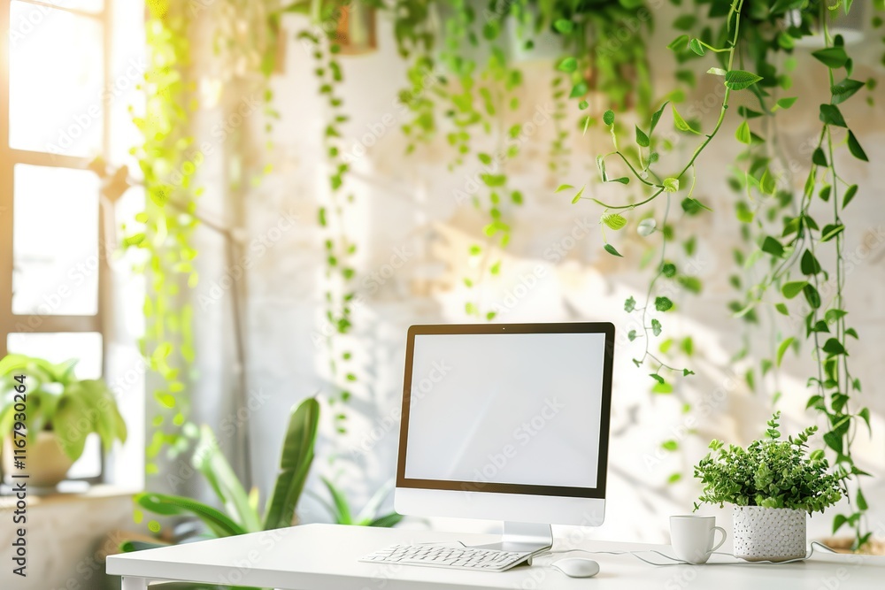 Aufkleber modern workspace with computer and lush greenery. sunlight streams through a window, illuminating a 