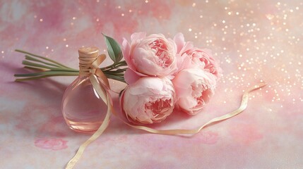 A delicate perfume bottle rests beside a bouquet of soft pink peonies, tied with a flowing gold ribbon