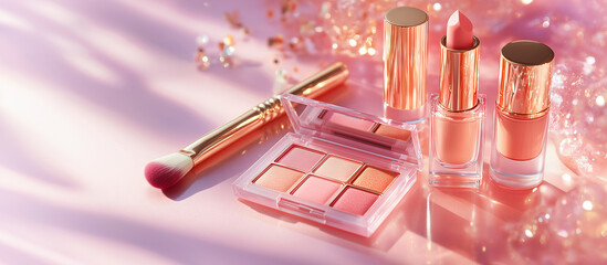 Close-up of elegant makeup essentials in soft pink shades with golden accents, perfect for a feminine look.