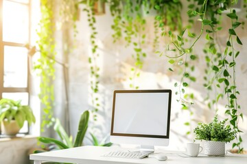 Modern workspace with computer and lush greenery. Sunlight streams through a window, illuminating a bright and airy office.