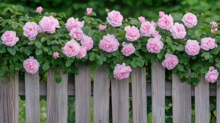 Blooming pink roses on rustic wooden fence surrounded by lush greenery