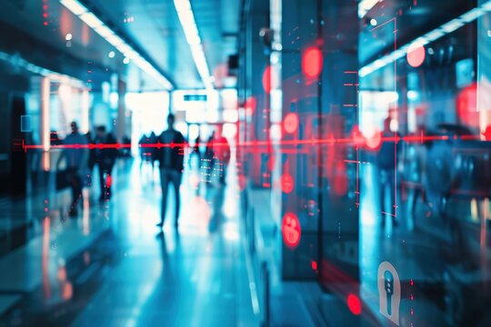 Abstract digital overlay on blurred people walking through a modern building hallway.