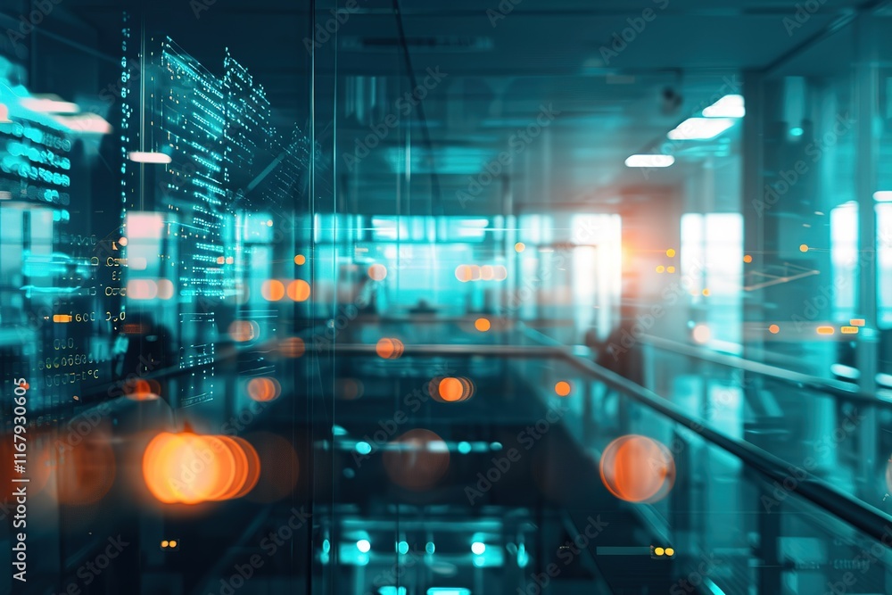 Poster abstract data stream flowing through a modern office space. digital information overlay on glass wal