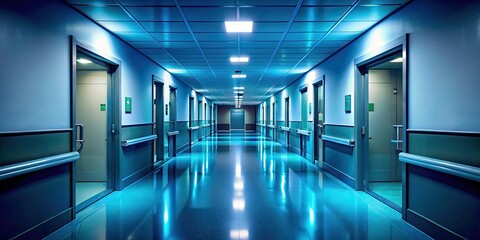 A deep-focus medical photograph captures the quiet stillness of a dark hospital corridor at night.