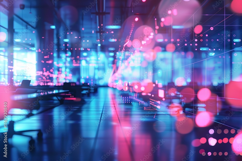 Poster futuristic office space with glowing screens and data visualizations.