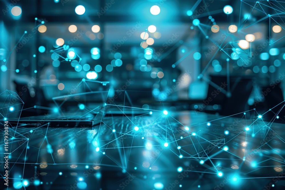 Poster network connection concept. abstract glowing lines and nodes above a table with laptops in a modern 