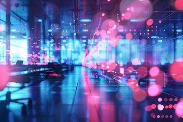 Futuristic office space with glowing screens and data visualizations.