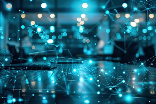 Network connection concept.  Abstract glowing lines and nodes above a table with laptops in a modern office setting.