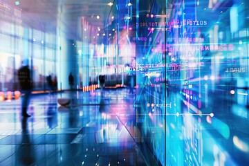 Futuristic data visualization in modern office setting. Abstract digital displays and blurred figures create a dynamic scene.