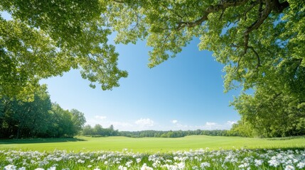 Obraz premium Peaceful summer meadow under bright blue sky and lush green trees