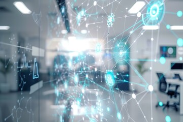 Digital network connection overlay on modern office space.