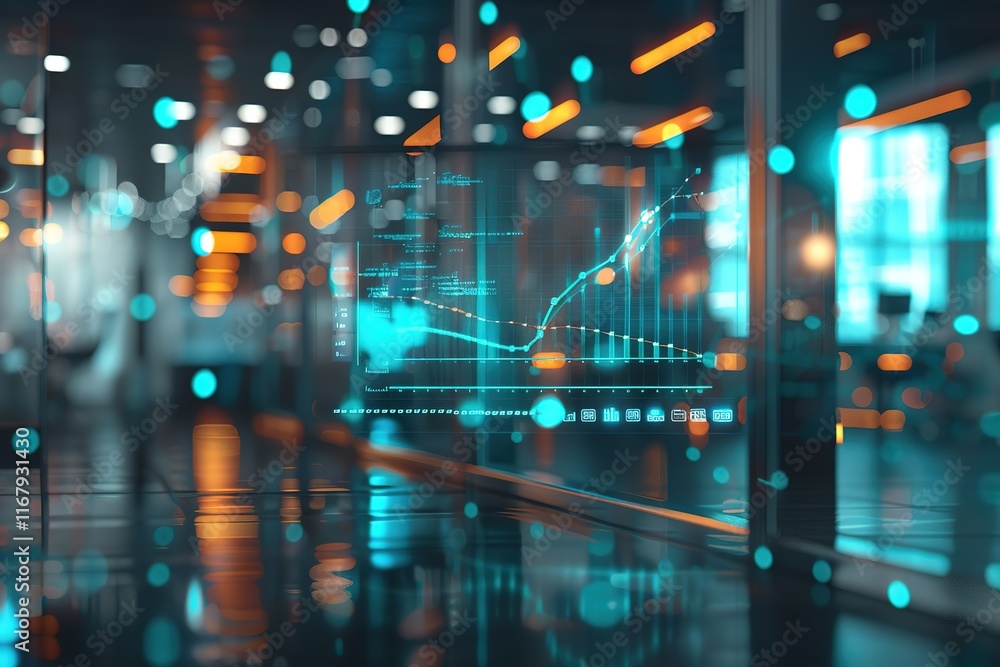 Poster financial data visualized on a futuristic display in a modern office setting.