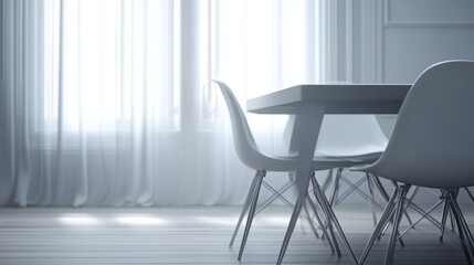 A minimalist dining area with a table, chairs, and sheer curtains allowing soft light.