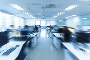 Fast-paced modern office environment.  Blurred motion suggests productivity and teamwork.