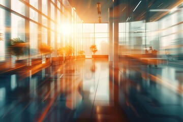 Sunlit modern office lobby with city view.  Clean lines, glass walls, and polished floors create a bright and spacious atmosphere.
