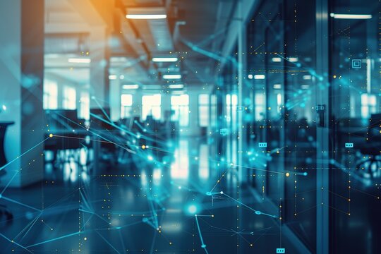 Modern office with digital network overlay.  Abstract technology concept. Connectivity and innovation.