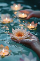 Serene evening with floating candles and lotus flowers in a tranquil water setting