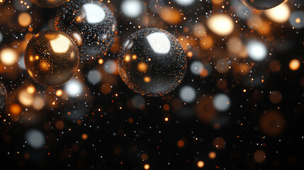 Soft, muted black background with abstract light orbs in gold and silver scattered throughout. with copy space for text