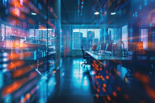 Modern tech office with city view.  Data streams overlay the scene, highlighting innovation and connectivity.