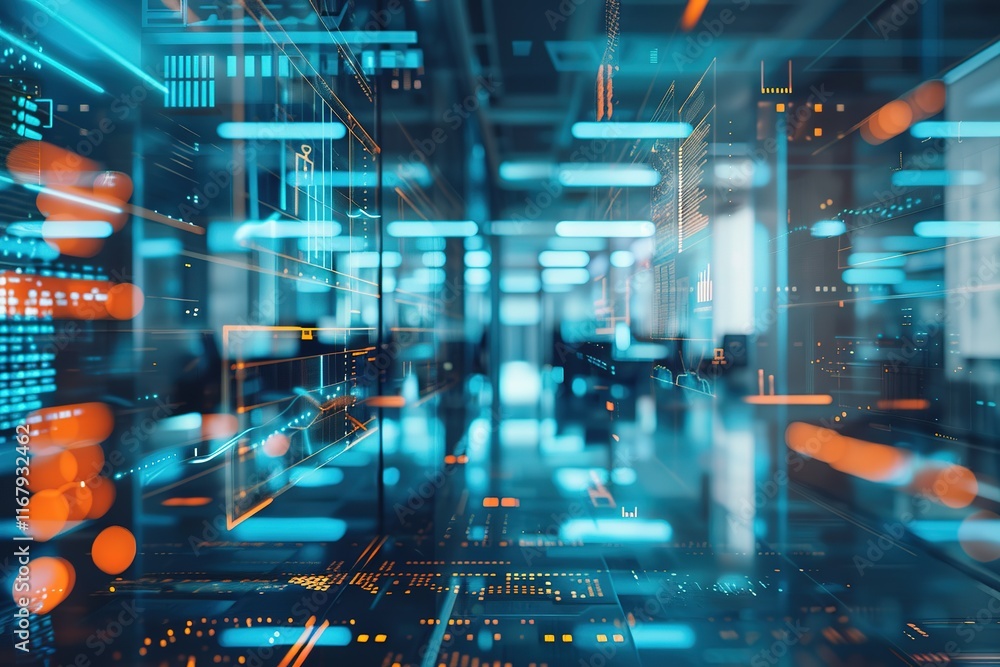Poster abstract digital data streams and networks, visualized in a futuristic server room setting.