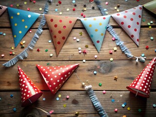 Obraz premium Festive Birthday Celebration Background with Party Hat, Balloons, and Colorful Decorations.