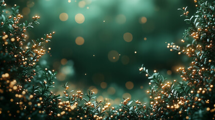 Soft-focus golden sparkles on a deep green background, with a space for text in the middle. with copy space for text