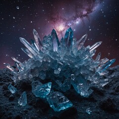 "A surreal landscape of floating crystals over a galaxy-like background."