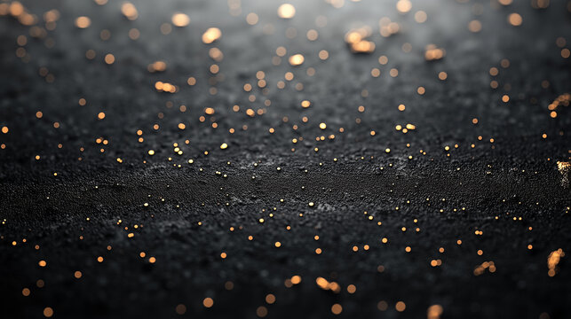 A simple black background with faint, blurry dots of silver and gold scattered in random patterns. with copy space for text