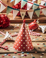 Obraz premium Festive Birthday Celebration Background with Party Hat, Balloons, and Colorful Decorations.