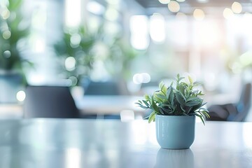 Small potted plant on a table in a bright, modern office setting.